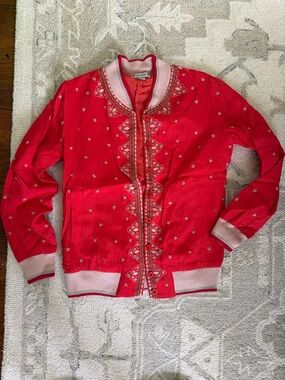 Conditions Apply Red Embroidered Bomber Jacket from Anthropologie